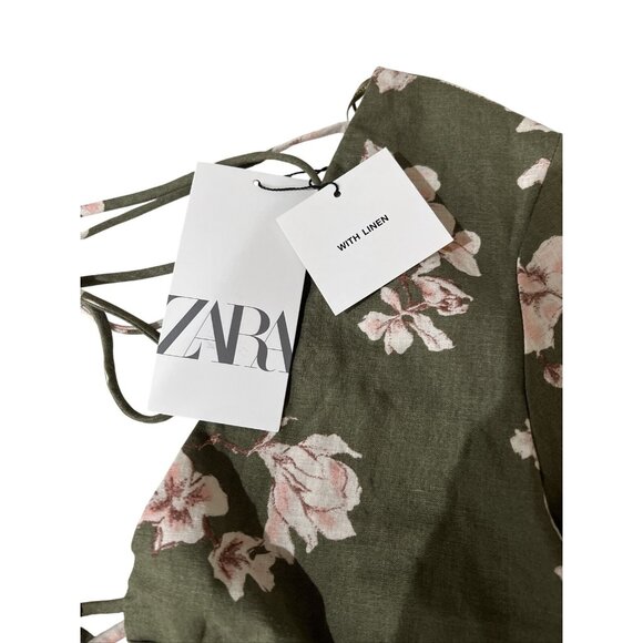 Zara Floral Lace-Up Crop Top XS Green & Pink Linen Blend - Picture 4 of 10